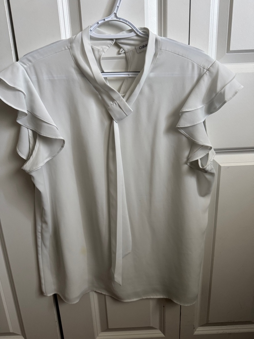 Calvin Klein Ivory Tie-Neck Ruffle Sleeve Blouse